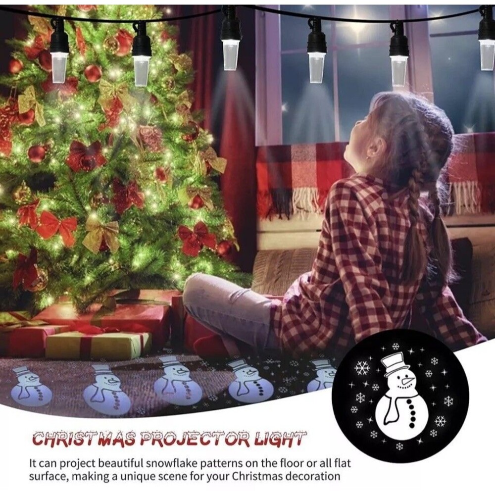 Snowman Picture Projector String Lights 10 LED Christmas Snowflake White 14.5ft